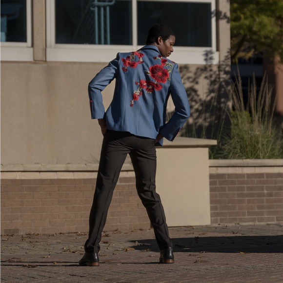 Stylish Blue Blazer with Red Floral Design - Picture 2 of 3